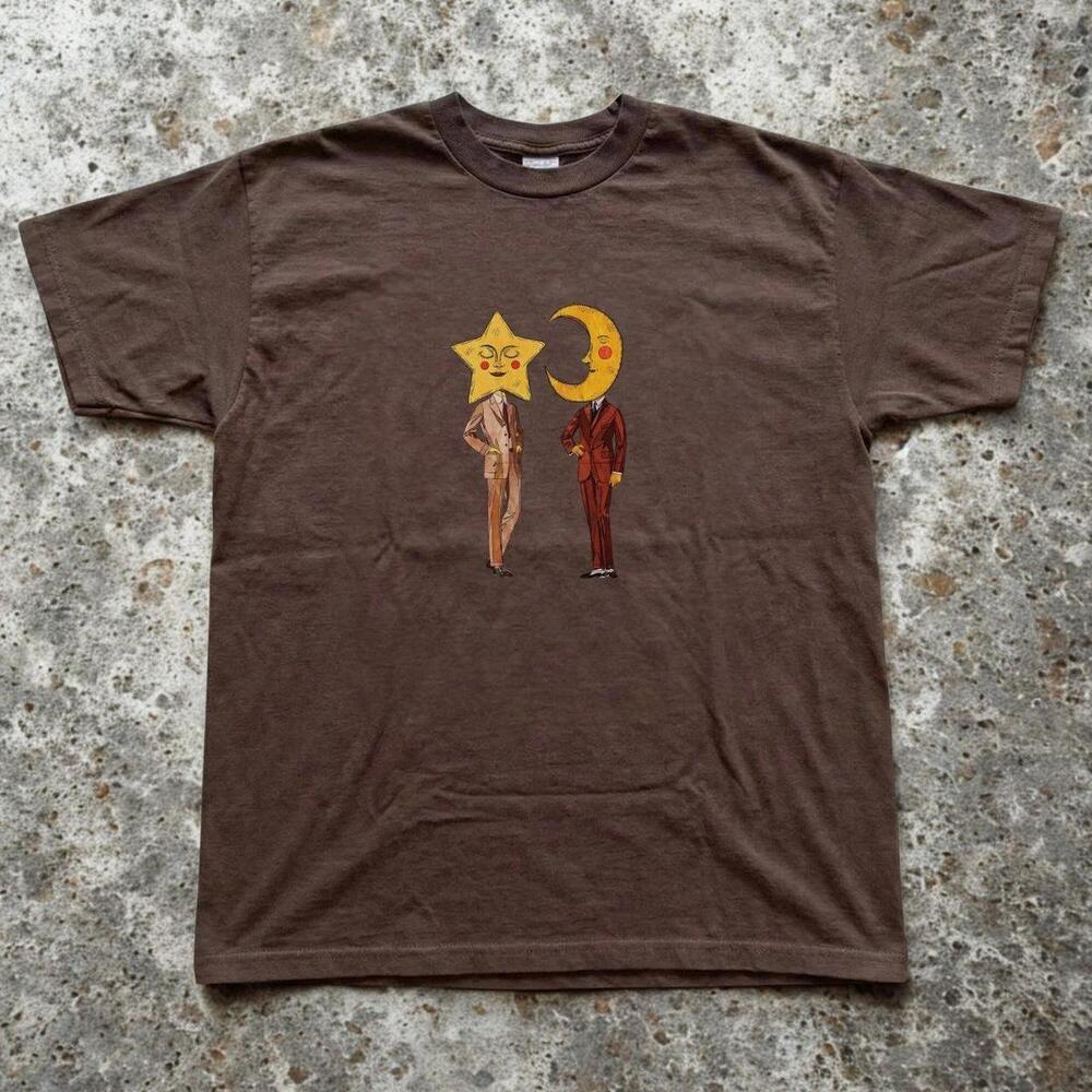Brown Graphic Tee With Sun And Moon Design